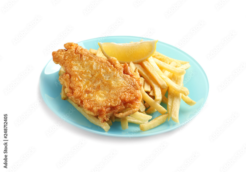 Plate with British Traditional Fish and potato chips on white background Plate with British Traditional Fish and potato chips on white background