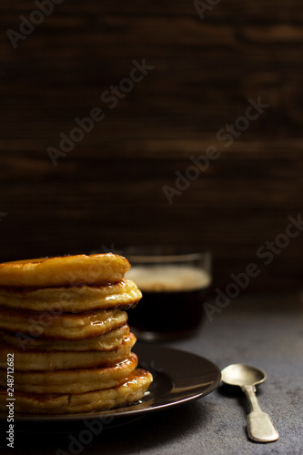 Wallpaper Mural pancakes with honey and nuts, a cup of coffee, breakfast, dark background Torontodigital.ca