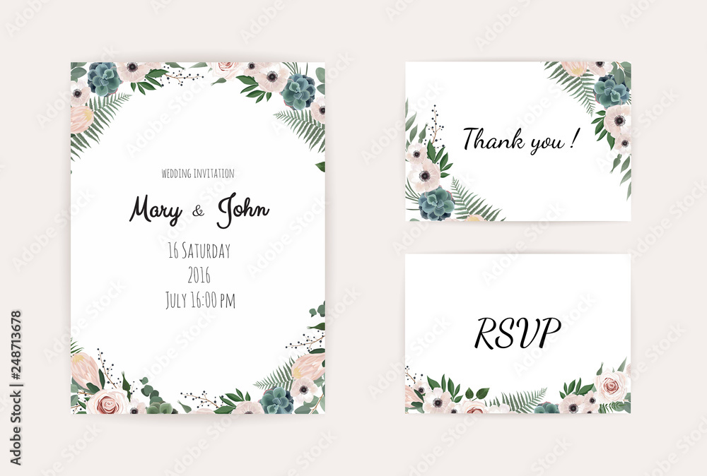 Wedding Invitation, save the date, thank you, rsvp card Design template. Vector. Pink rose, olive leaves. Watercolor style.