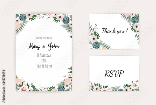 Wedding Invitation, save the date, thank you, rsvp card Design template. Vector. Pink rose, olive leaves. Watercolor style.