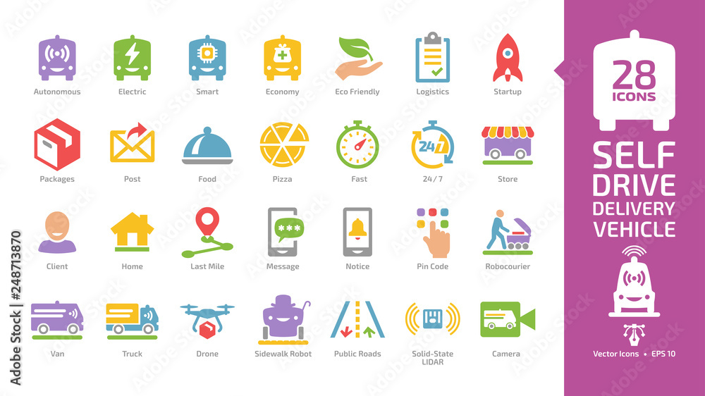 Autonomous delivery vehicle color glyph icon set with self drive van car, drone and driverless truck for packages and food transportation colorful sign. Autonomous delivery vehicle color glyph icon set with self drive van car, drone and driverless truck for packages and food transportation colorful sign.