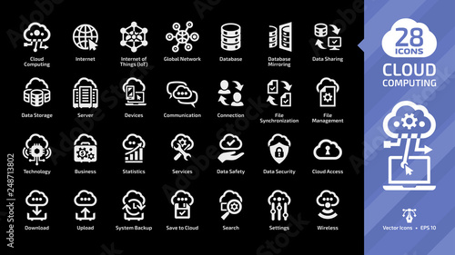 Cloud computing glyph icon set on a black background with network data server and internet wireless technology, database platform digital system sign.