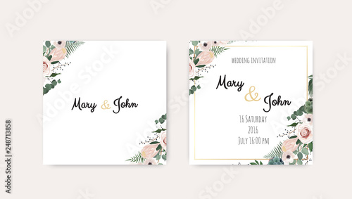 Wedding Invitation, save the date. Vector. Pink rose, olive leaves. Watercolor style.