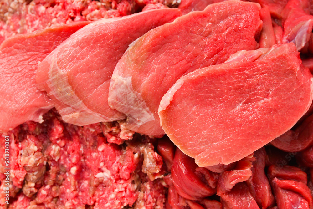 Different types of raw veal background. Slices, minced meat, beef stroganoff.