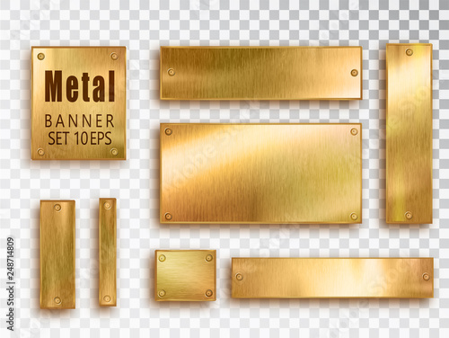Metal gold banners set realistic. Vector Metal brushed plates with a place for inscriptions isolated on transparent background. Realistic 3D design. Stainless steel background.