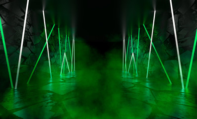 Background of empty room, concrete floor and walls, tiles. Multicolored laser lines, neon light, smoke