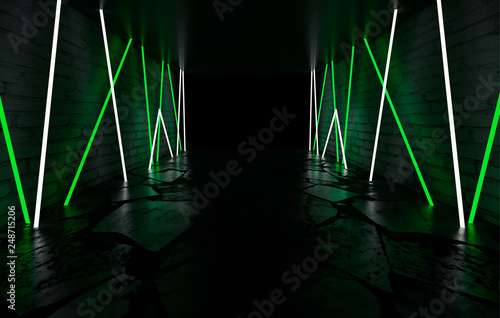 Background of empty room, concrete floor and walls, tiles. Multicolored laser lines, neon light, smoke photo