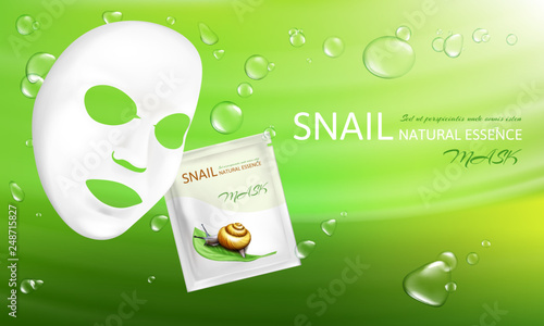 Vector 3d realistic white sheet facial cosmetic mask with snail mucus. Skincare, moisturizing cream with organic slime, natural cosmetics for face. Mockup with package, sachet on green background.