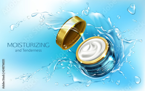 Vector 3d realistic advertising mock up - moisturizing cream in jar with water splashes, cosmetics. Essence in branded blue glass container, golden cap.Skincare, hygiene product isolated on background