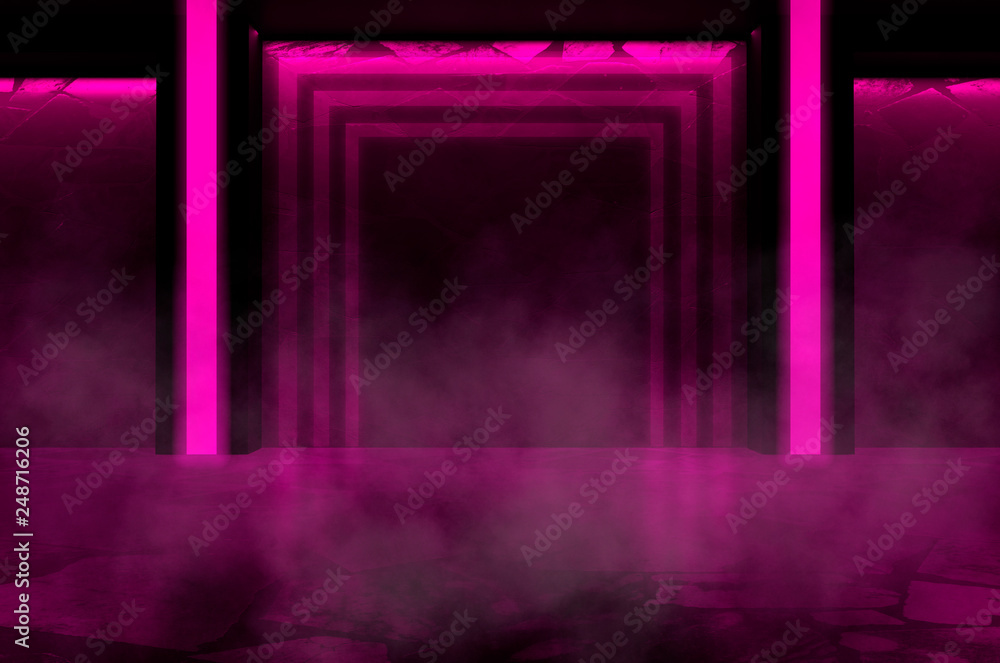 Background of empty room with concrete walls and floor, pink neon light, smoke