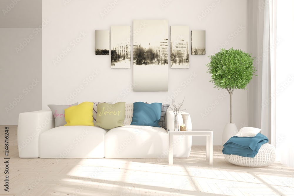 Fototapeta premium White stylish minimalist room in hight resolution with colorful sofa. Scandinavian interior design. 3D illustration