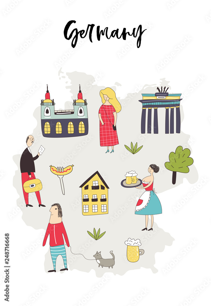 Illustrated Map of Germany with cute and fun hand drawn characters, plants and elements. Color vector illustration