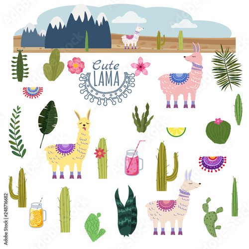 Set Lama Alpaca cacti drinks and decorative. Collection funny elements for decoration, vector, illustration, isolated, cute style