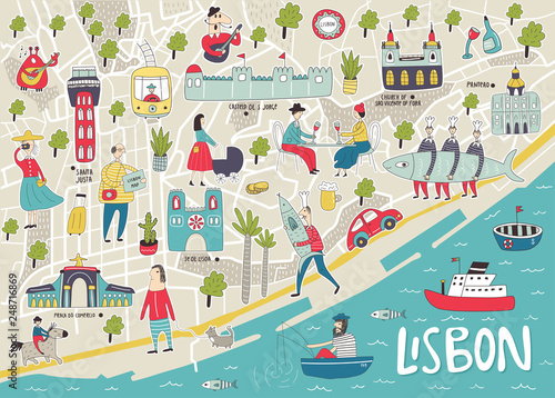 Obraz na plátne Illustrated Map of Lisbon with cute and fun hand drawn characters, local plants and elements