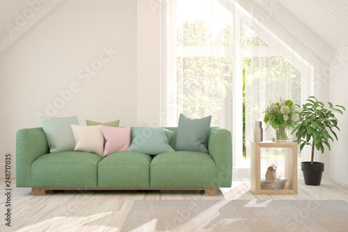 White stylish minimalist room in hight resolution with colorful sofa and summer landscape in window. Scandinavian interior design. 3D illustration