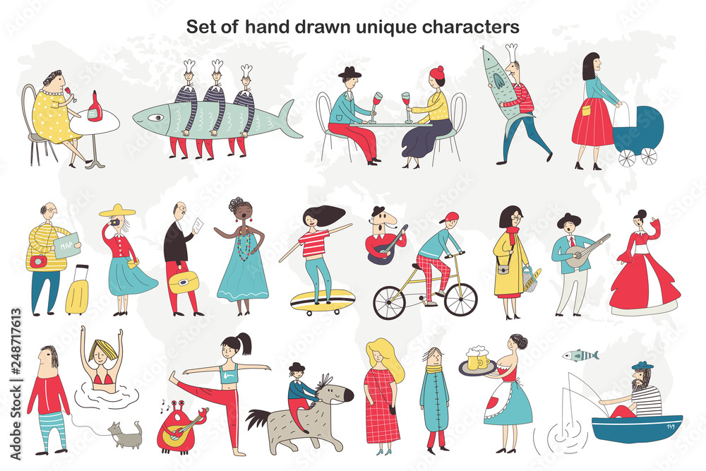 Big set of cute and fun hand drawn cartoon people characters who do different things. Vector illustration