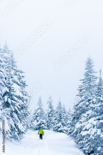Snowboarder hiking a ski trail, Stowe, Vermont, USA © Don Landwehrle