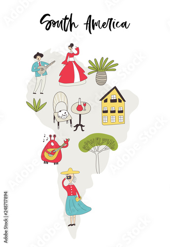 Illustrated Map of South America with fun hand drawn characters, plants and elements. Cartoon color vector illustration