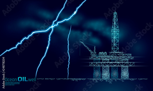 Oil pollution disaster ocean gas drilling rig low poly. Finance economy danger save planet. Petroleum fuel industry offshore extraction derricks line connection dots blue vector illustration