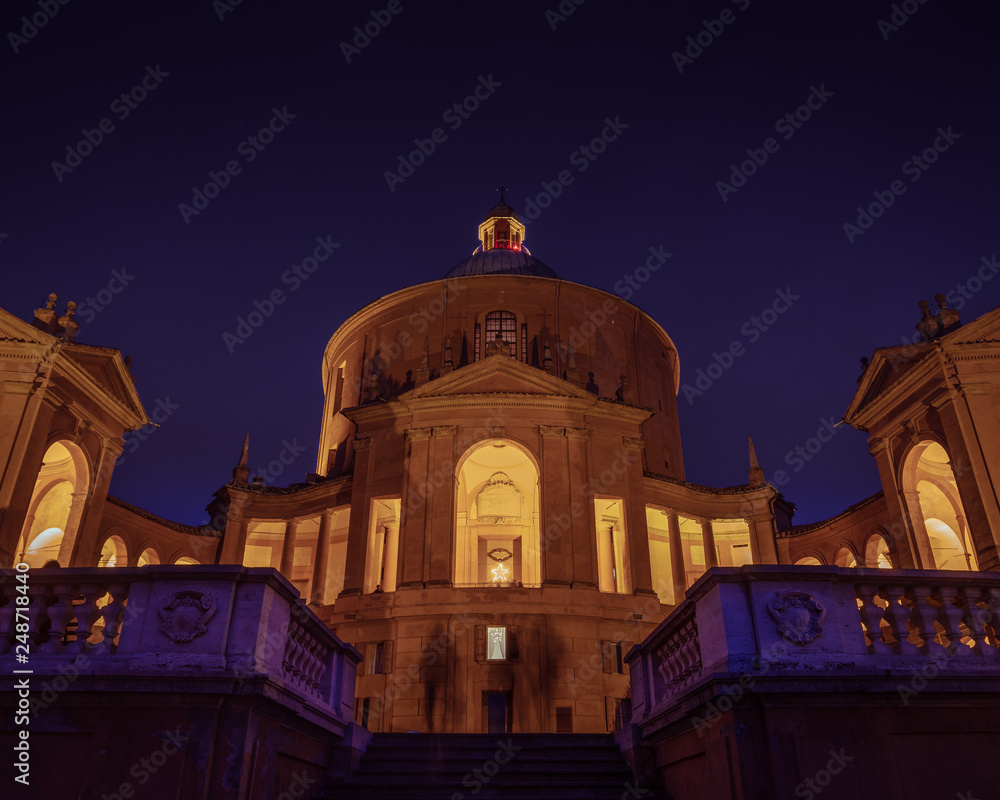 Sanctuary of the Madonna di San Luca at night in purple lights