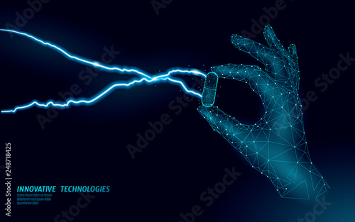 Doctor hand holding drug capsule medicine business concept. Banner finders hold a pill medicament. Antibiotic vitamin medical nutrition low poly vector illustration