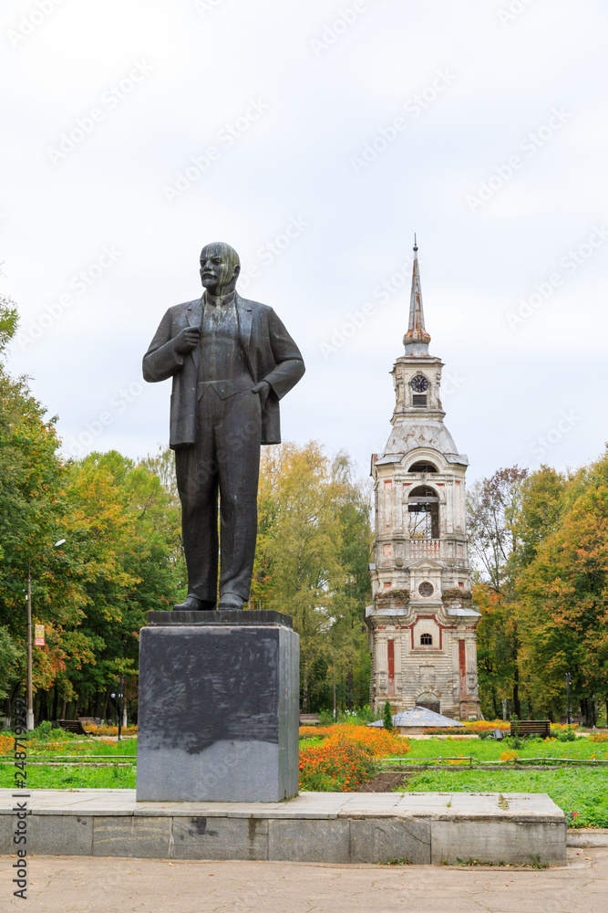 The monument of V. I. Lenin and Bell tower in Ostashkov, Tver region, Russia.