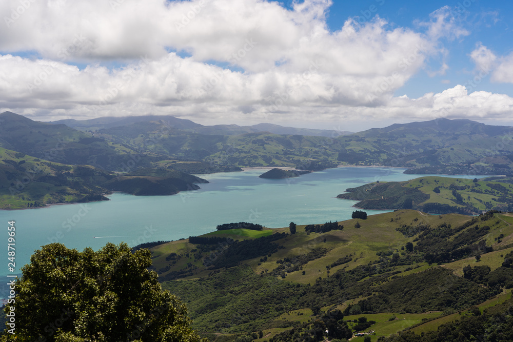 Akaroa ocean bay in New Zealand, Amazing view from the lookout of akaroa, above the beautiful mountains of akaroa New Zealand, amazing ocean bay in New Zealand 