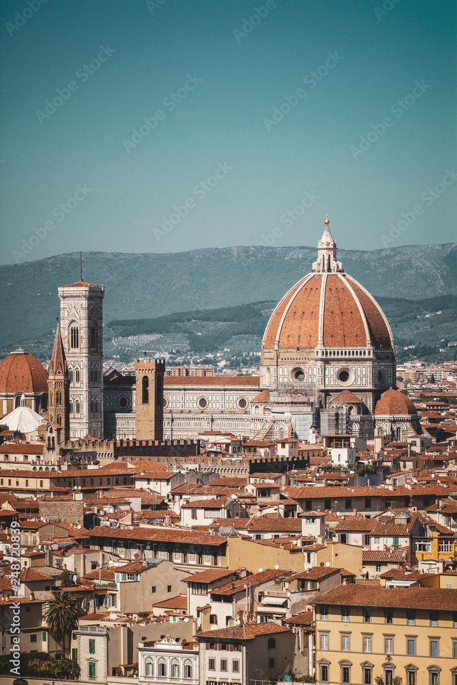 view of Florence in Italy with Old Palace and Dome of Cathedral from Michelangelo Square