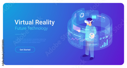 Man in VR helmet in Virtual Reality vector isometric flat illustration.