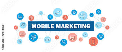 MOBILE MARKETING blue and coral typography banner with network of icons