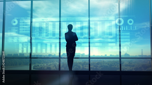 Silhouette of business woman and stock exchange infographics