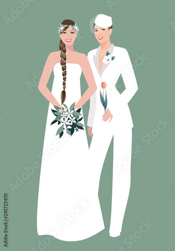 Queer Wedding. Couple of newly married lesbian brides. Beautiful women wearing elegant suit, wedding dress and bouquets of flowers. LGBTQ Rights