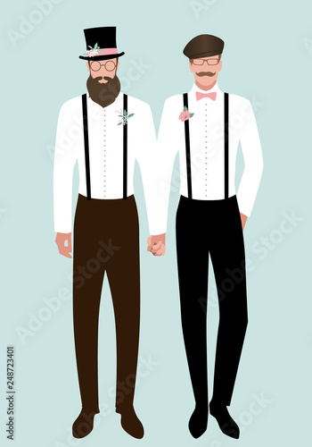 Queer Wedding. Gay groom couple newlyweds. Elegant couple men hipsters holding hands, with beard and mustache, suspenders on shirt, top hat, beret, bow tie and flowers on the suspenders. LGBTQ Rights