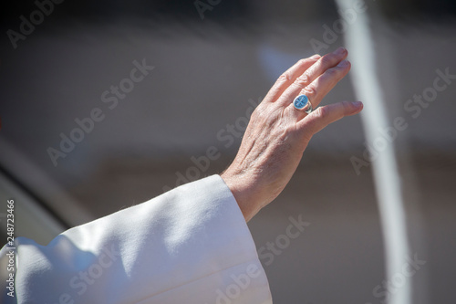 Vatican City, April 19, 2017: Pope Francis blesses the crowd at the end of his weekly general audience in Saint Peter's Square at the Vatican photo