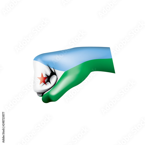 Djibouti flag and hand on white background. Vector illustration