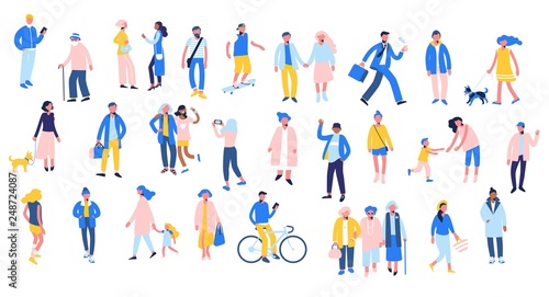 Set of people in different situations - walk, use smartphone, ride bike, relax.
