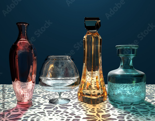 3d illustration of color vase green bottle and wine glass in row