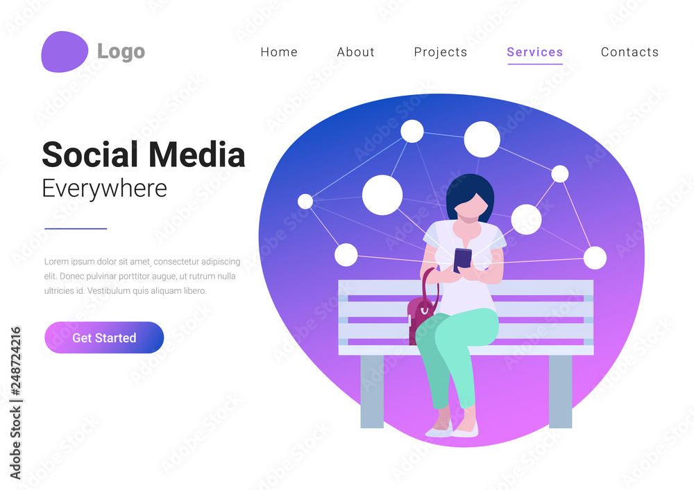 Social Media Technology Mobile Lifestyle Flat style vector illustration landing page banner. Young woman consuming online content holds smartphone in hand on background with virtual network.