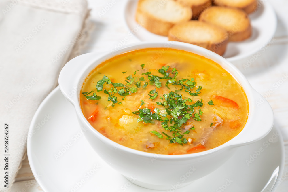 Red lentil soup with vegetables. The view from the top. Copy-space.