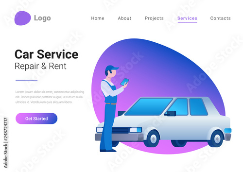 Car Technical Service, Diagnostic, Repair and Rent Flat style vector illustration landing page banner. Mechanic standing near car and holding device in hand.