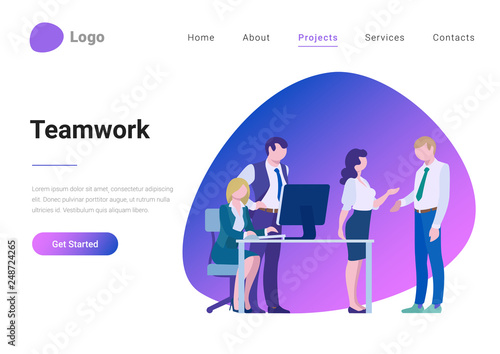 Teamwork Creative Team Flat style landing page banner vector illustration concept. Business meeting room, report or presentation. Group business people look at display and talk.