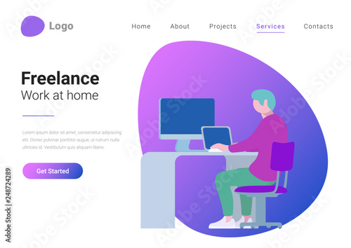Freelance, Teleworking and Work at home  Flat style landing page banner vector illustration concept. Man freelancer working laptop computer PC at workplace.