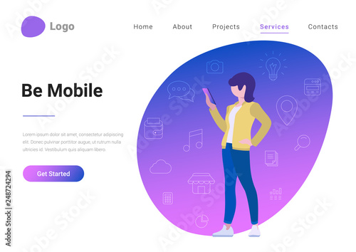 Social Media Technology Mobile Lifestyle Flat style landing page banner vector illustration. Millennial consuming online content. Young woman holds smartphone in hand on background with linear icons.
