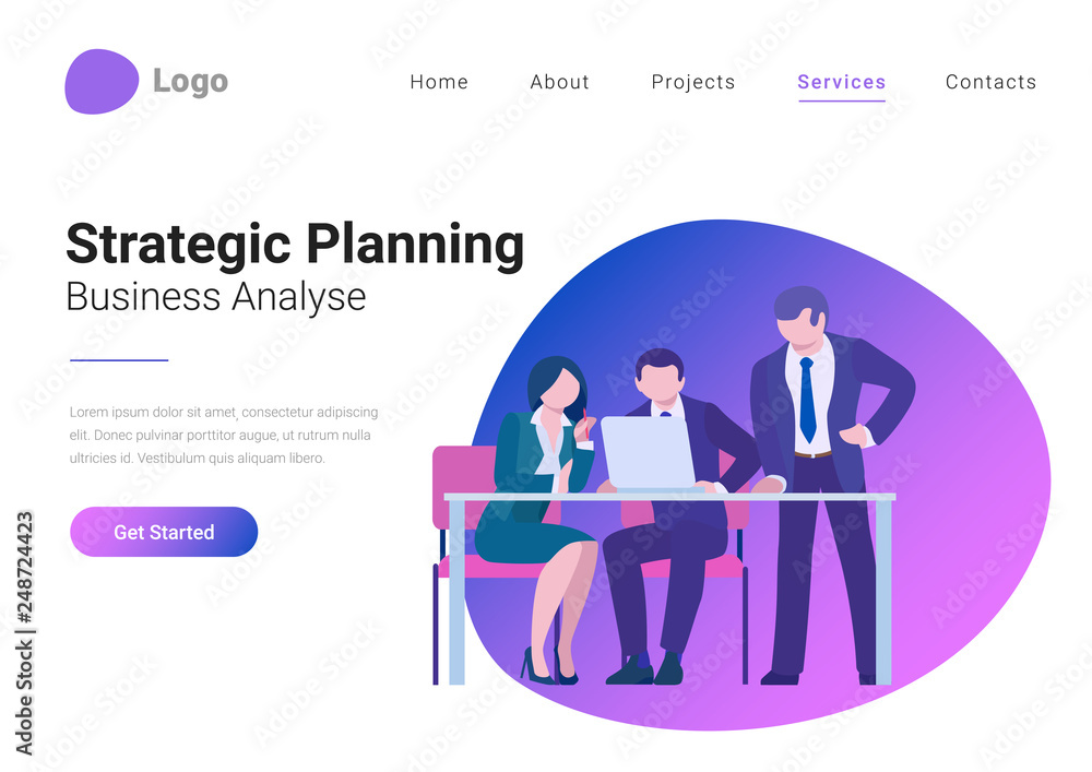 Effective Successful Teamwork Brainstorming Flat style vector illustration landing page banner. Team meeting, Strategic Planning and Business Analysis concept. Group of people look at laptop.