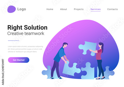 Creative Teamwork Business People with Puzzle parts Flat style vector illustration landing page banner. Right Solution Finance Concept.