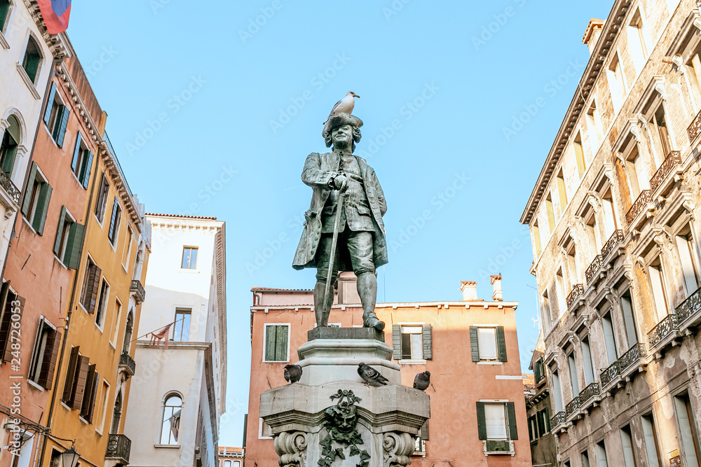 Statue of the Italian playwright Carlo Goldoni with funny pigeon on a hat