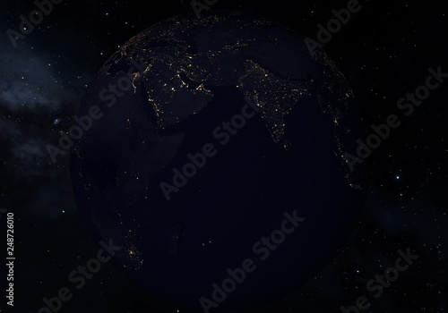 Earth at night, city lights from orbit. 3D illustration.