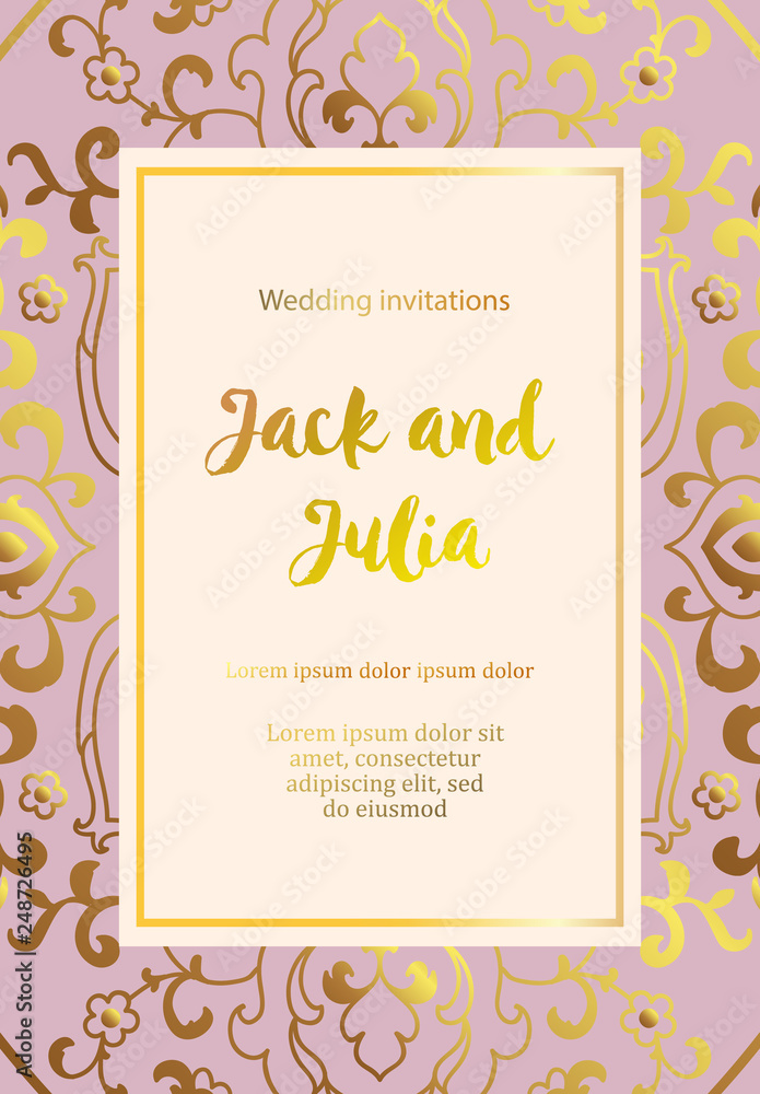 Beautiful gold greeting card. Vector illustration. Arab, Indian ornament. Invitation to a wedding, birthday, party and other holidays