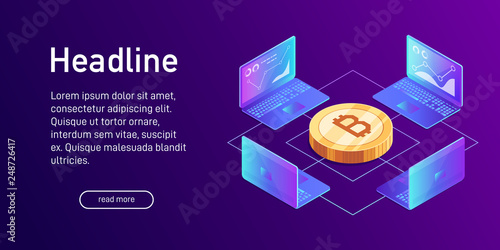 Isometric concept of mining bitcoin using laptop.