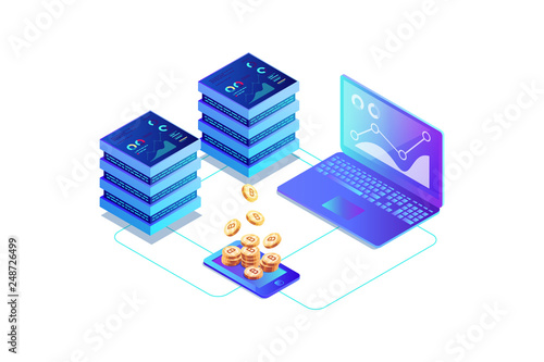 Isometric concept of mining bitcoin using laptop.